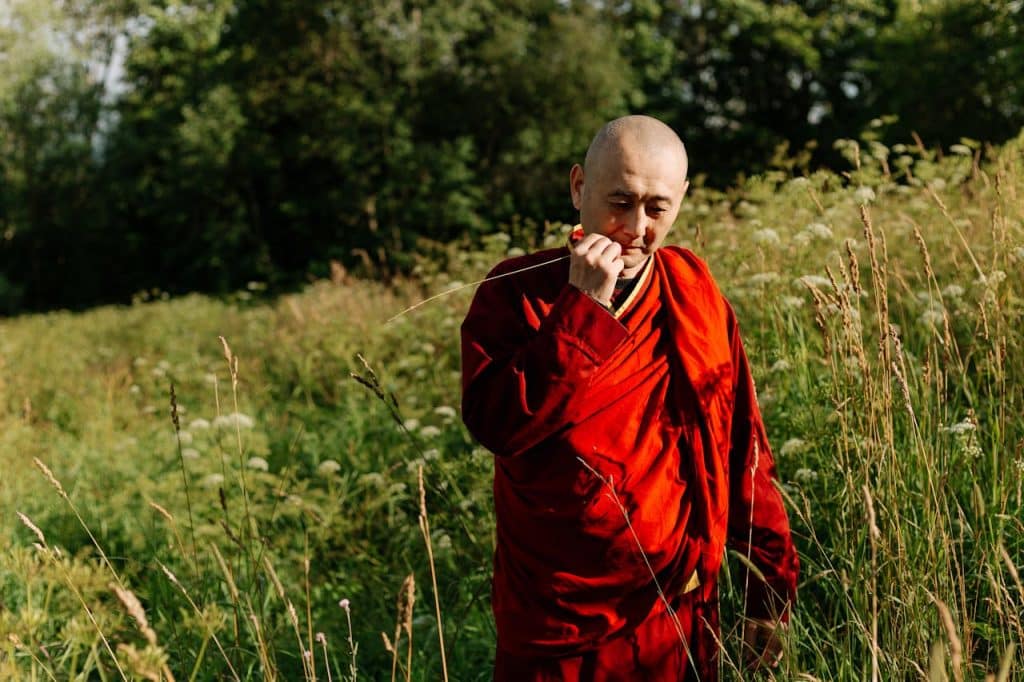 Tibetanski monah na livadi